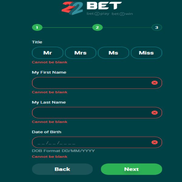 22bet signing up page