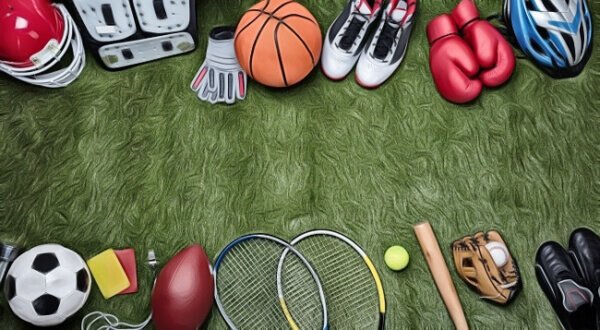 different kinds of sport equipment lined up in two sections